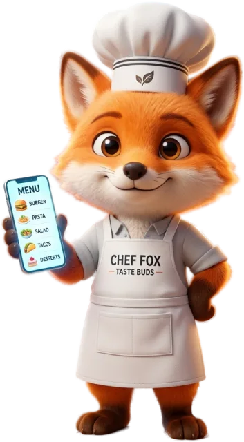 มาสคอต FoxyOrders จิ้งจอกเชฟถือมือถือแสดงเมนูอาหาร